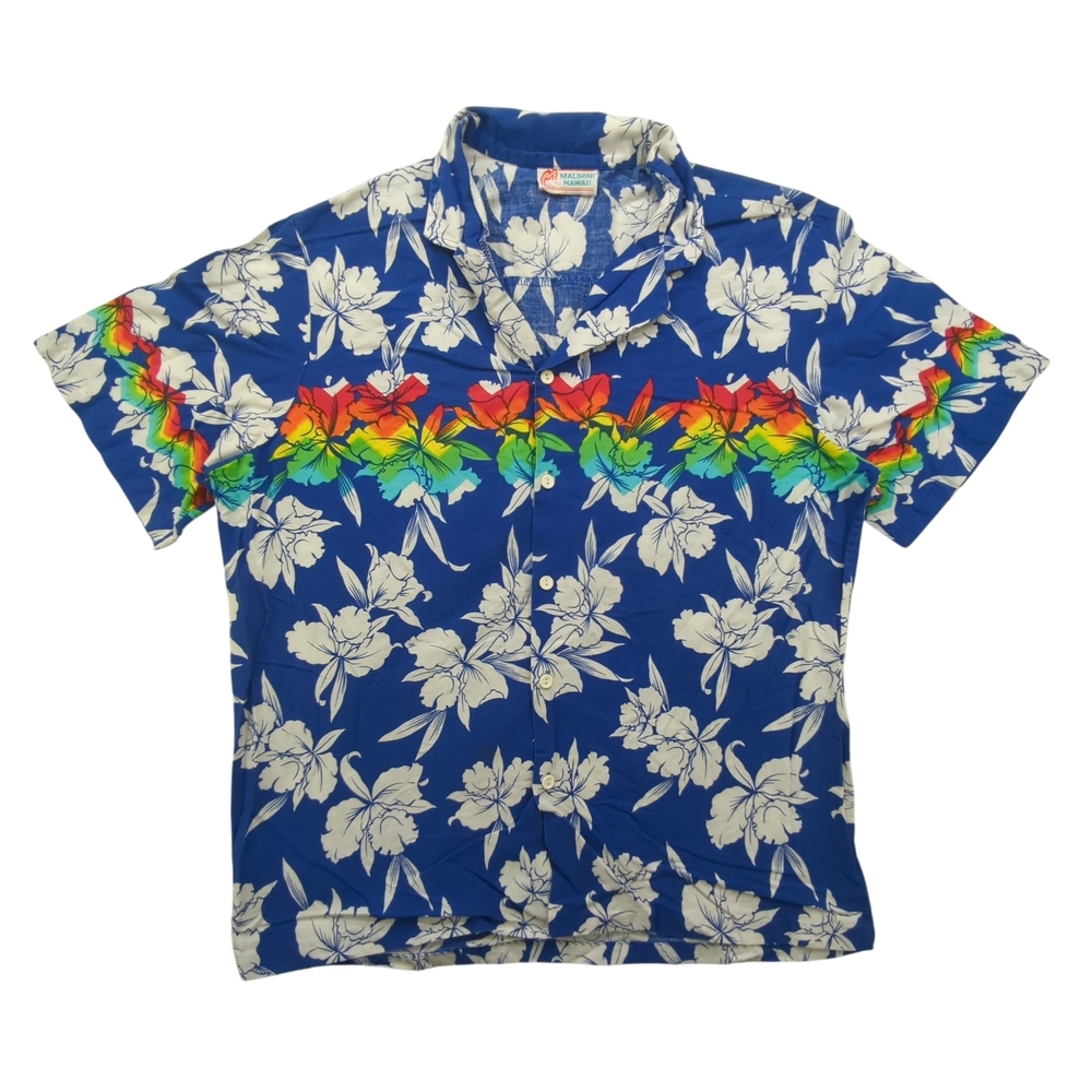 Malihini Hawaii Shirt Mens XL Floral Hawaiian Aloha Rainbow Stripe Made in USA
